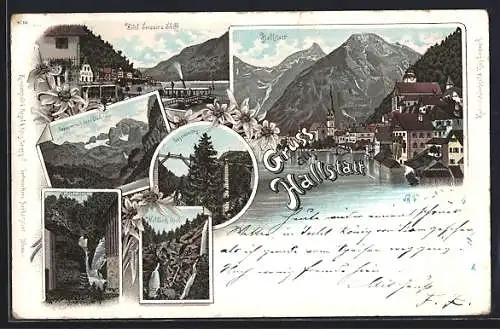 Lithographie Hallstatt, Hotel Seeauer und Schiff, Gosauzwang