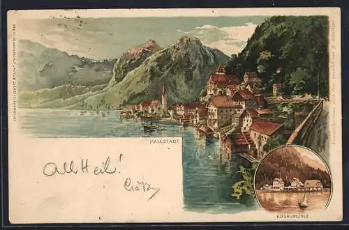 Lithographie Hallstatt, Ortspartie mit Gebirge, Gosaumühle