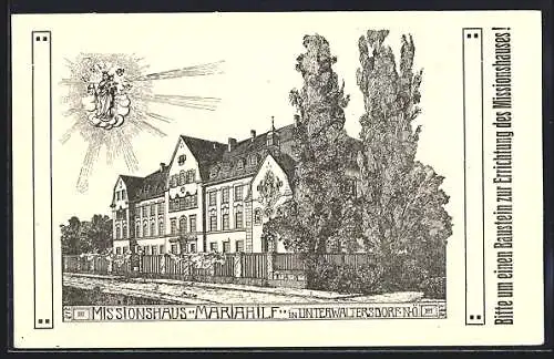 Lithographie Unterwaltersdorf, Missionshaus Mariahilf, Bitte um einen Baustein z. Errichtung d. Missionshauses