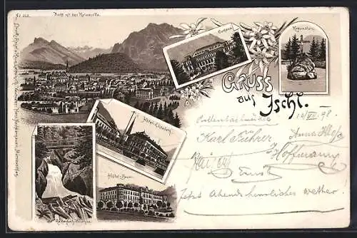 Lithographie Ischl, Curhaus, Hotel Bauer, Hotel Elisabeth, Teilansicht mit Kaiservilla