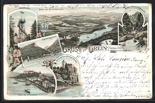 Lithographie Grein a. Donau, Sarmingstein, Gobelwarte, Werfenstein mit dem Strudel