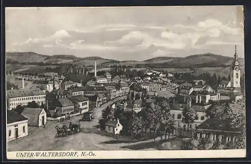 AK Unter-Waltersdorf /N.-Oe., Totalansicht mit Strasse und Bergpanorama aus der Vogelschau