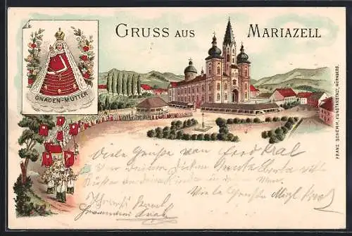 Lithographie Mariazell, Gnaden-Mutter, Prozession mit Kirche