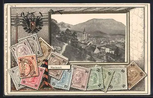 Präge-AK Mariazell, Totalansicht mit Bergen von einem Wanderweg aus, Wappen, Briefmarken, Schwalben