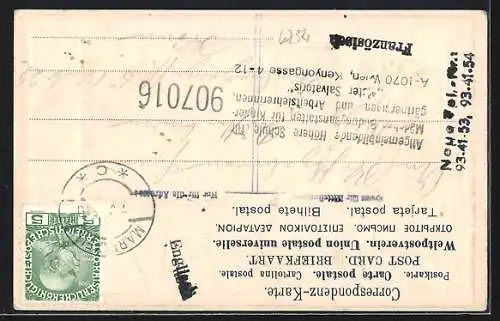 Präge-AK Mariazell, Totalansicht mit Bergen von einem Wanderweg aus, Wappen, Briefmarken, Schwalben