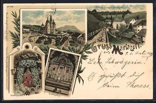 Lithographie Mariazell, Basilika Mariä Geburt, Aussen- u. Innenansichten, Heiligenbrunn, Gnadenaltar