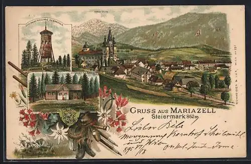 Lithographie Mariazell, Schutzhaus, Erzh. Franz Karls-Höhe, Ortspanorama mit Kirche