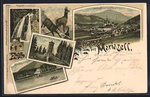 Lithographie Mariazell, Herrenhaus am Erlaf-See, Erzherzog Franz-Carls-Höhe am Bürgeralpel