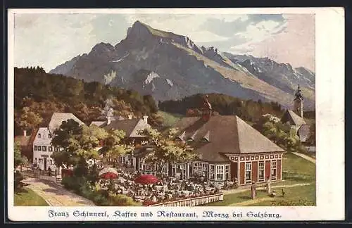 Künstler-AK Morzg bei Salzburg, Kaffee-Restaurant Franz Schinnerl mit Strasse, Garten und Bergspitze