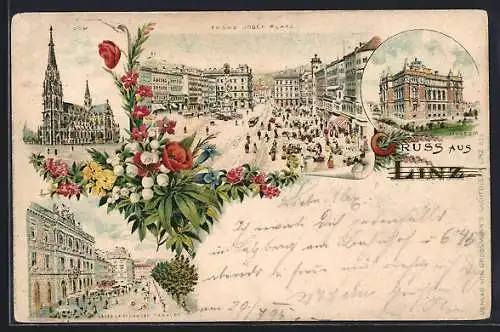 Lithographie Linz, Franz-Josef-Platz, Strassenpartie mit Sparkasse, Museum, Blumen