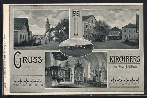 AK Kirchberg a. d. Donau, Strassenpartien mit Kirche und Geschäft, Ortsansicht, Kircheninneres