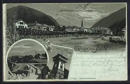 Mondschein-Lithographie Ischl, Sofienesplanade mit Hotel Elisabeth vom Wasser aus, Rechensteg aus der Vogelschau