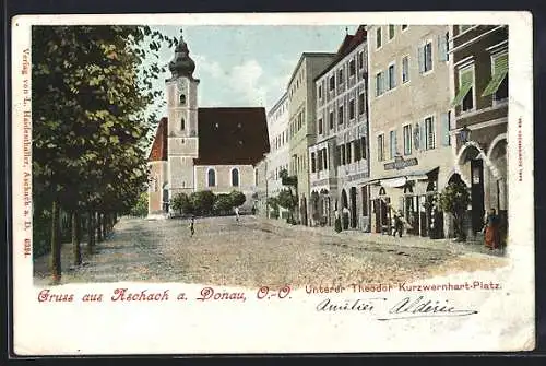 AK Aschach a. Donau, Unterer Theodor Kurzwernhart-Platz mit Geschäften u. Kirche