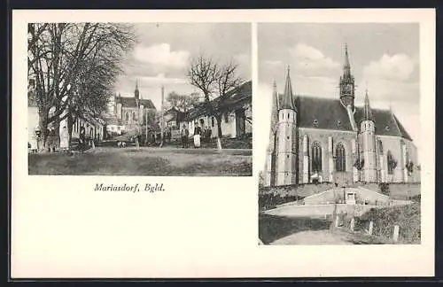 AK Mariasdorf /Burgenland, Strassenpartie mit Kirche u. kleiner Versammlung, Kirche mit Anlage