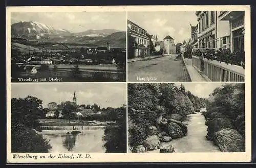 AK Wieselburg an der Erlauf, Ortsansicht mit dem Ötscher, Hauptplatz, die Erlauf, Wehr