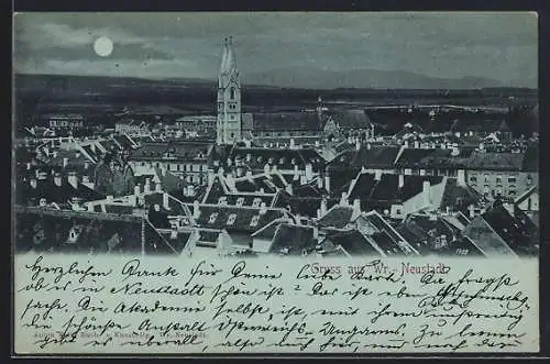 Mondschein-AK Wr.-Neustadt, Teilansicht der Ortschaft bei Nacht