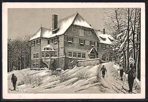 AK Anninger-Schutzhaus, Ansicht im Winter, Skiläufer