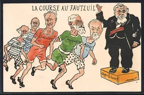 Künstler-AK La Course au Fauteuil, alte Männer, Departements repräsentierend, bei einem Rennen, Karikatur