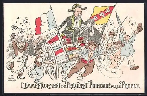 AK L`Emmenagement du Président Poincaré parle Peuple, Präsident Poincaré fährt auf Büchern davon, Karikatur