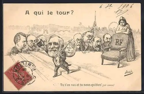 Künstler-AK sign. Assus: A qui le tour?, Karikatur, Loubet