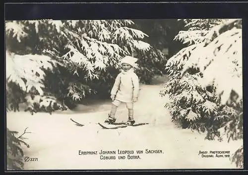 AK Erbprinz Johann Leopold von Sachsen-Coburg-Gotha auf Skien im Schnee