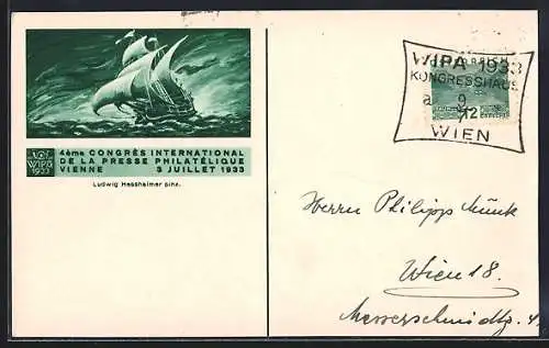 AK Vienne, 2eme Congres International des Aero-Philatelistes 1933, Segelschiff