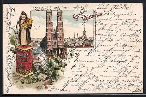 Lithographie München-Au, Frauenkirche, Münchner Kindl steht auf Packung Hafer-Mehl