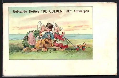 Lithographie Gebrande Koffies De Gulden Bie, Antwerpen, Kaffee-Reklame, Holländer in Tracht