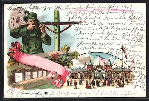 Lithographie Schütze legt an, Festzelt