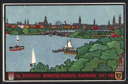 Künstler-AK Hamburg, XVI. Deutsches Bundesschiessen 1909, Aussenalster mit Lombardsbrücke