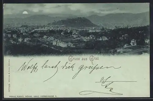 Mondschein-AK Graz, Panorama bei Nacht