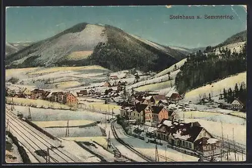 AK Steinhaus a. Semmering, Ortspartie mit Bahngleis im Schnee