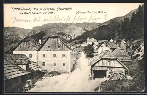 AK Seewiesen, Ortspartie mit L. Kain`s Gasthof zur Post gegen Aflenzer Staritzen