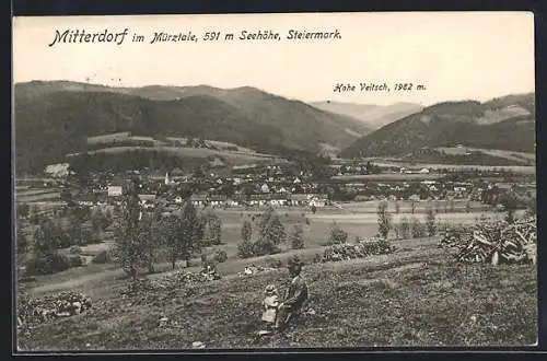 AK Mitterdorf im Mürztale, Teilansicht und Hohe Veitsch