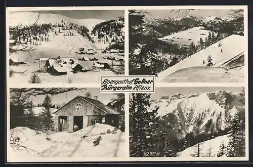 AK Aflenz, Alpengasthof Bürgeralm Gollner, Ortspartie und Panorama im Winter