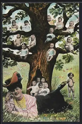 AK Frau liegt unter einem Baum mit Babies