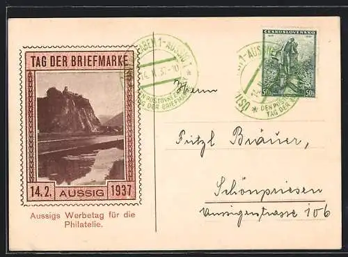 AK Aussig, Tag der Briefmarke 1937, Blick auf die Burg auf dem Felsen