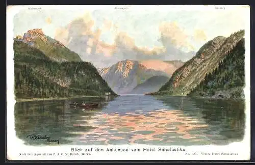 Künstler-AK F.A.C.M. Reisch: Achenkirch, Blick auf den See vom Hotel Scholastika