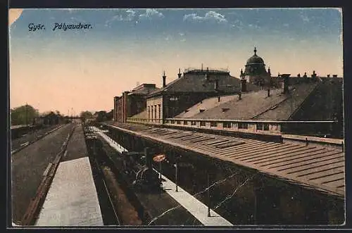 AK Györ, Pályaudvar, Bahnhof mit haltender Lokomotive