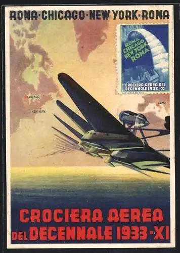 Künstler-AK Crociera Aerea del Decennale 1933 XI, Wasserflugzeug bei der Atlantiküberquerung