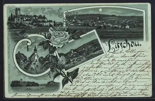 Mondschein-Lithographie Litschau, Altes Schloss, Schönauerteich und Totalansicht