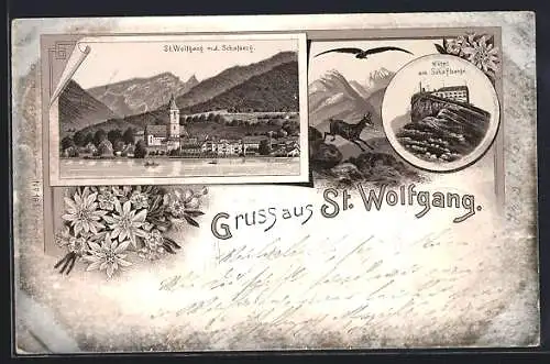 Lithographie St. Wolfgang, Hotel am Schafberge, Ortsansicht mit dem Schafberg, Gämse