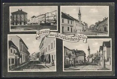 AK Grieskirchen, Kirchenplatz, Rossmarkt, Bahnhofstrasse und Zauneggerstrasse