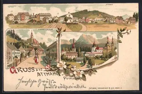 Lithographie Attnang-Puchheim, Strassenpartie im Ort, Teilansicht mit Kirche, Ortsansicht