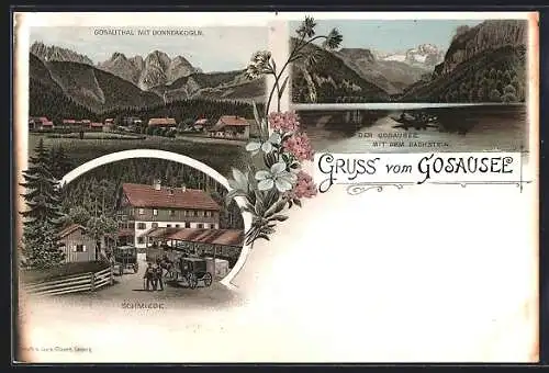 Lithographie Gosausee, Gasthaus Schmiede, Blick zu Donnerkogln und Dachstein