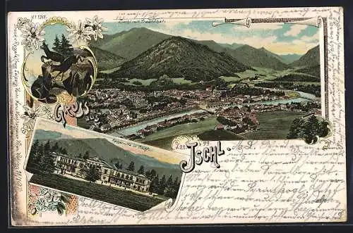 Lithographie Ischl, Kaiservilla und Panorama mit dem Traunthal