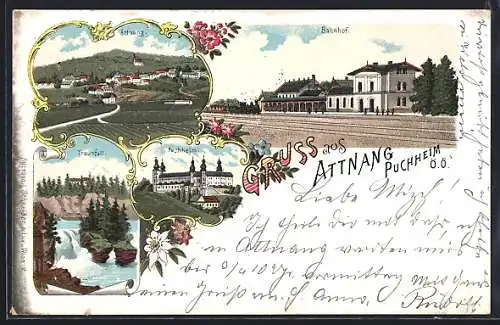 Lithographie Attnang-Puchheim, Bahnhof mit Eisenbahn, Schloss Puchheim, Traunfall