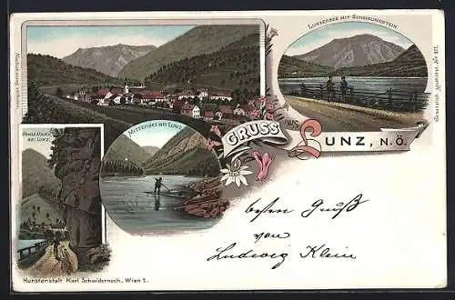 Lithographie Lunz /N. Ö., Lunzersee mit Scheiblingstein, Mittersee, Hohle Mauer