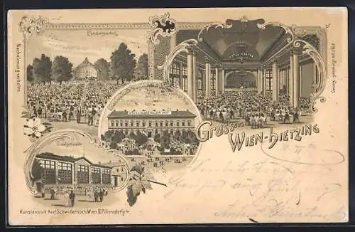 Lithographie Wien-Hietzing, Hotel Hietzinger Hof, Concertgarten, Saalgebäude