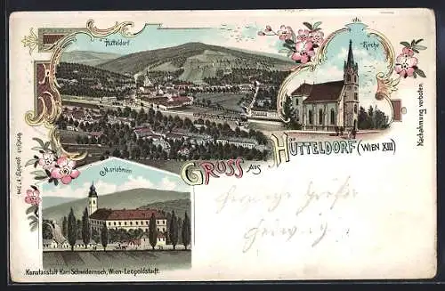 Lithographie Wien, Hütteldorf, Kirche, Mariabrunn, Ortsansicht